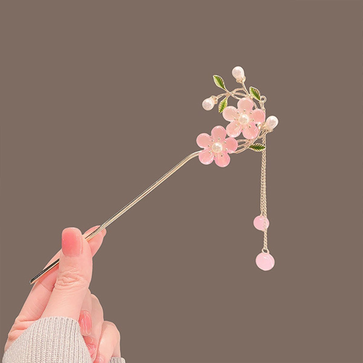 中式粉色双花流苏发簪汉服女头饰