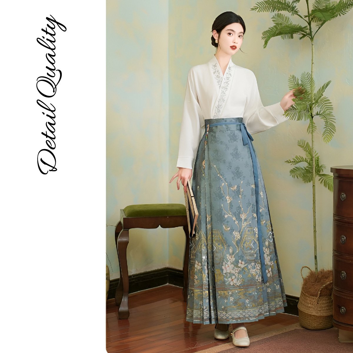 Blue Chinese Style Hanfu with Embroidered Mamianqun Skirt