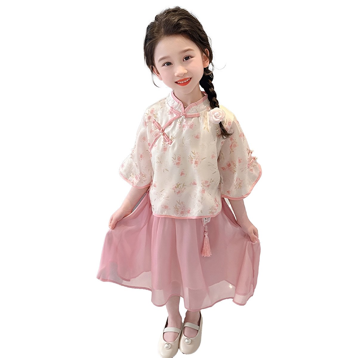 Girls' New Chinese Style Pink Floral Two-Piece Set