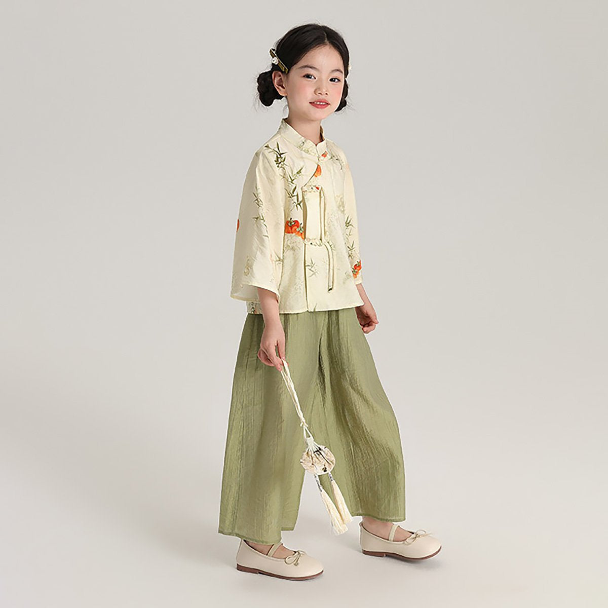 Girl's Bamboo Printing Green Two Pieces Set