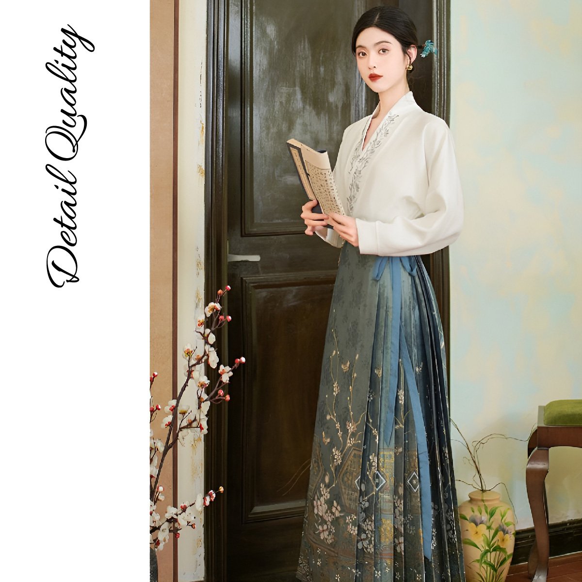 Blue Chinese Style Hanfu with Embroidered Mamianqun Skirt