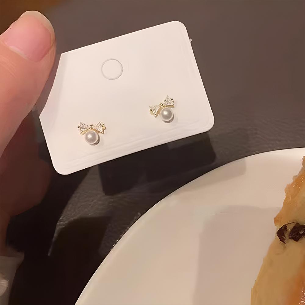 白色锆石水晶珍珠蝴蝶结耳钉,优雅女士最佳礼物