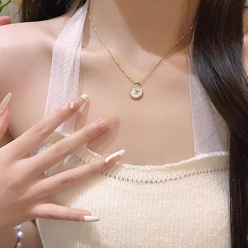 镀白金圆形玫瑰天然贝壳吊坠项链珠光礼物