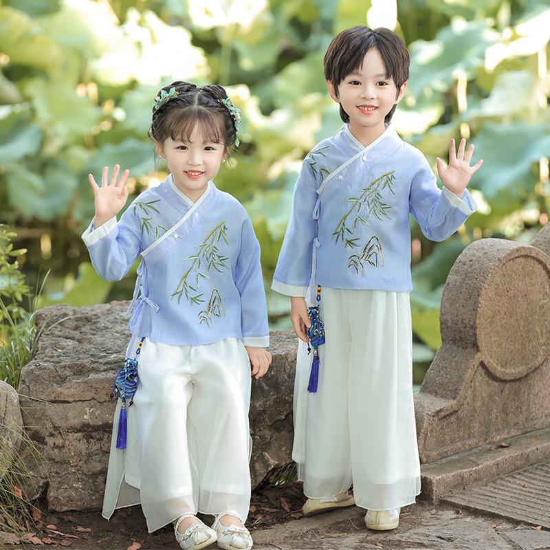 Girls' Bamboo Embroidered Blue & White Hanfu