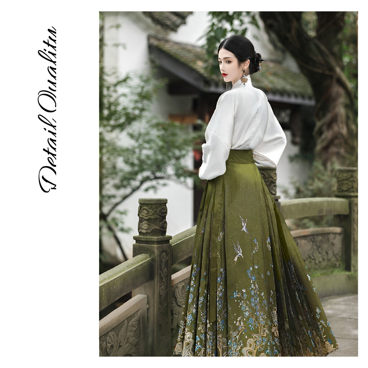 Fresh Bean Green Chinese Style Horse Face Skirt Set