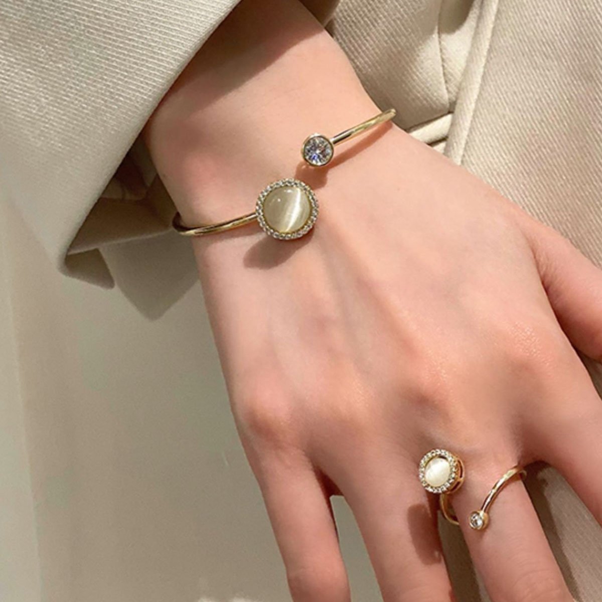 Cat Eye Bracelet Ring Set Fashion Jewellery Women Adjustable Accessories