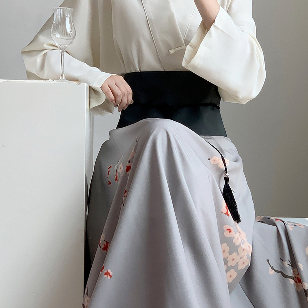 Women's White and Grey Chinese Style Dress Two-Piece Set