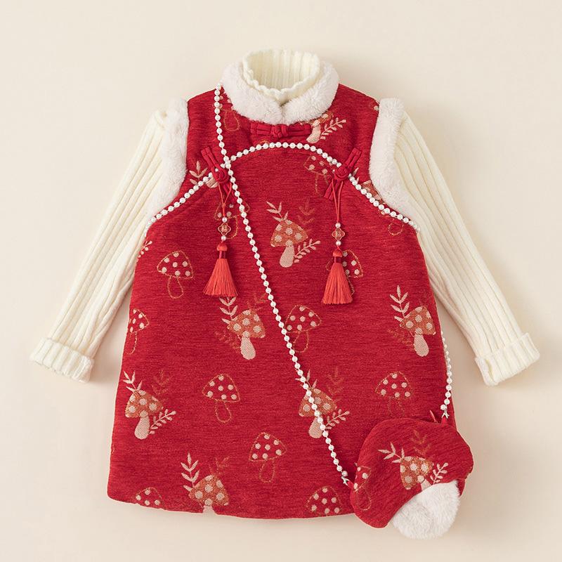 Girl's New Chinese Style Red Dress Set