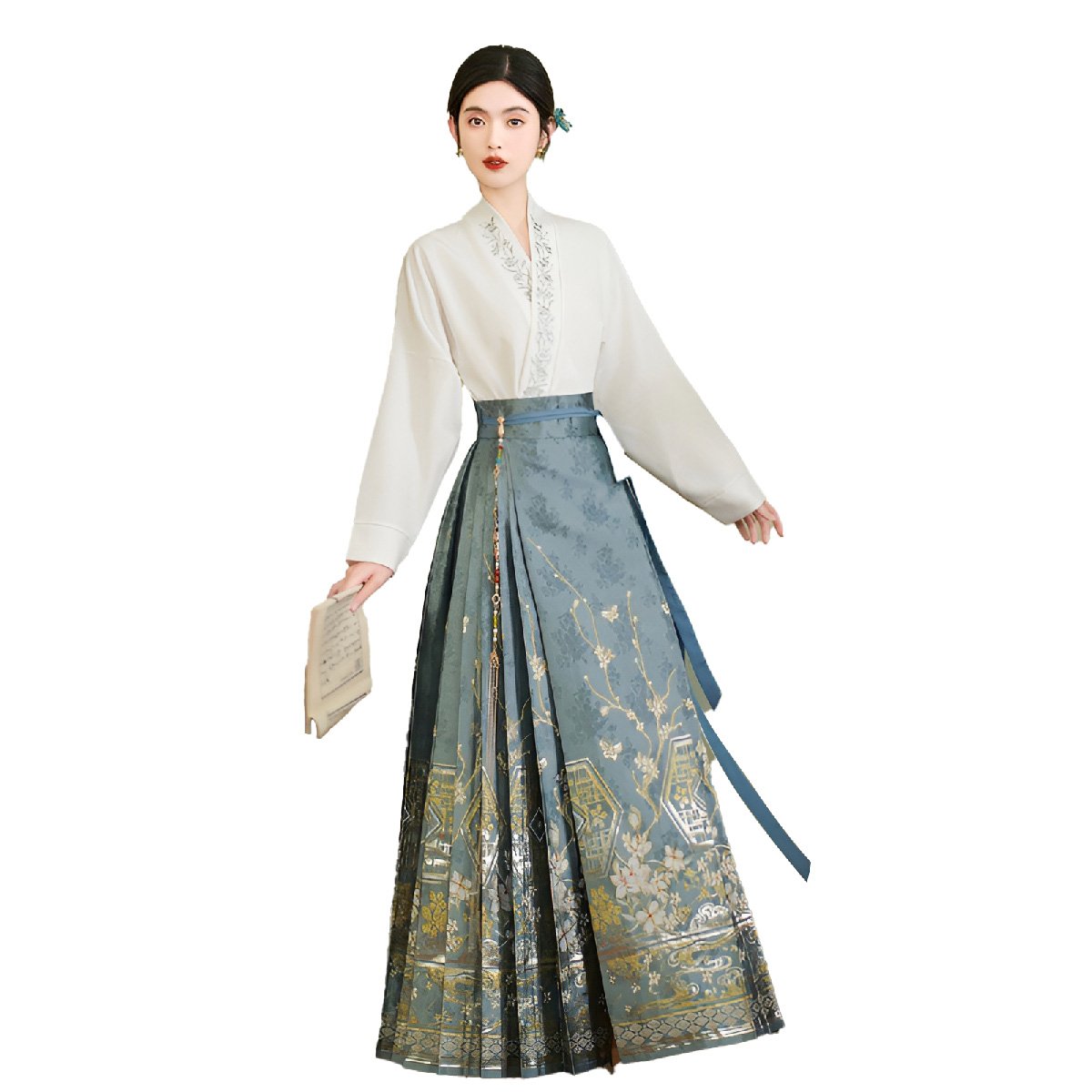 Blue Chinese Style Hanfu with Embroidered Mamianqun Skirt