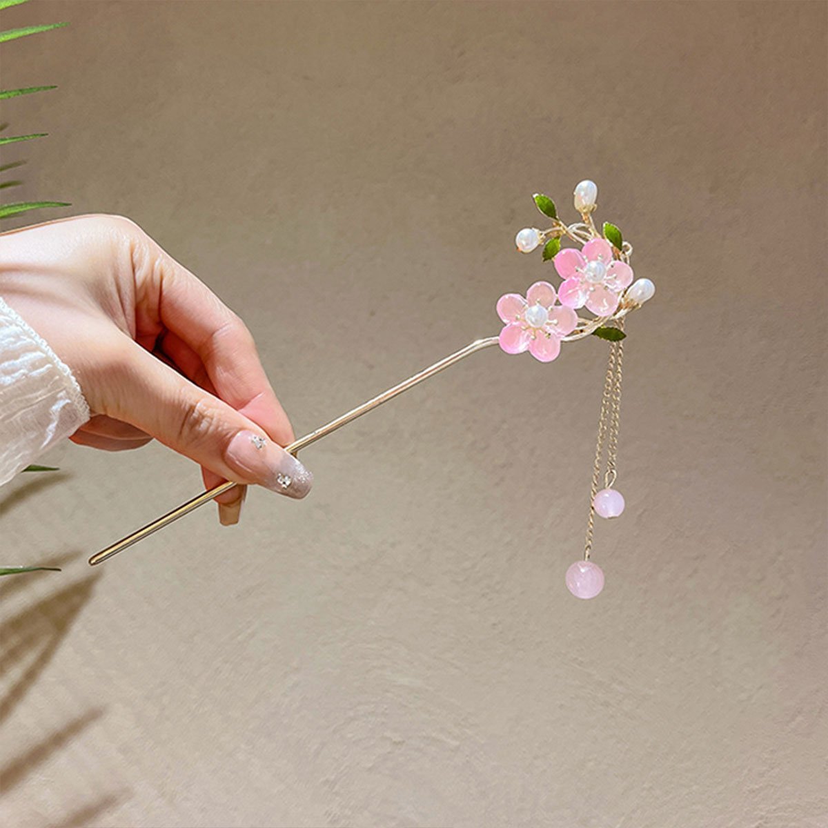 中式粉色双花流苏发簪汉服女头饰
