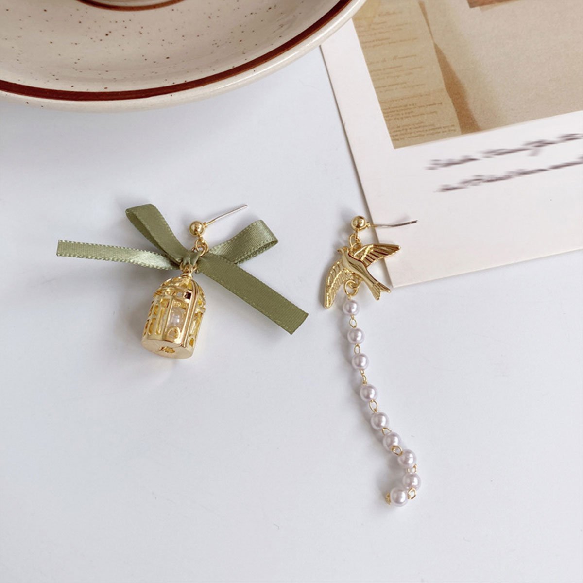 鸟笼不对称耳环蝴蝶结长流苏吊坠饰品女士时尚