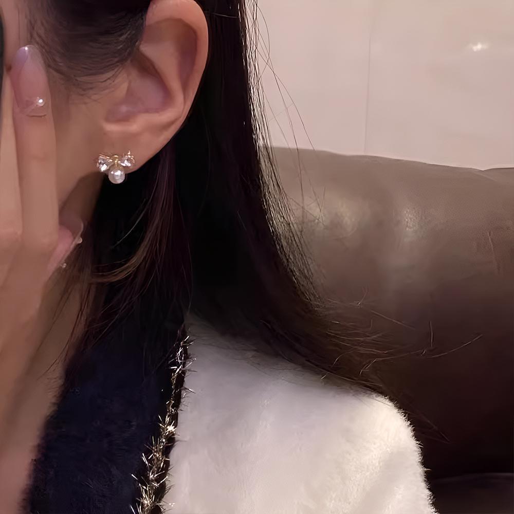 白色锆石水晶珍珠蝴蝶结耳钉,优雅女士最佳礼物