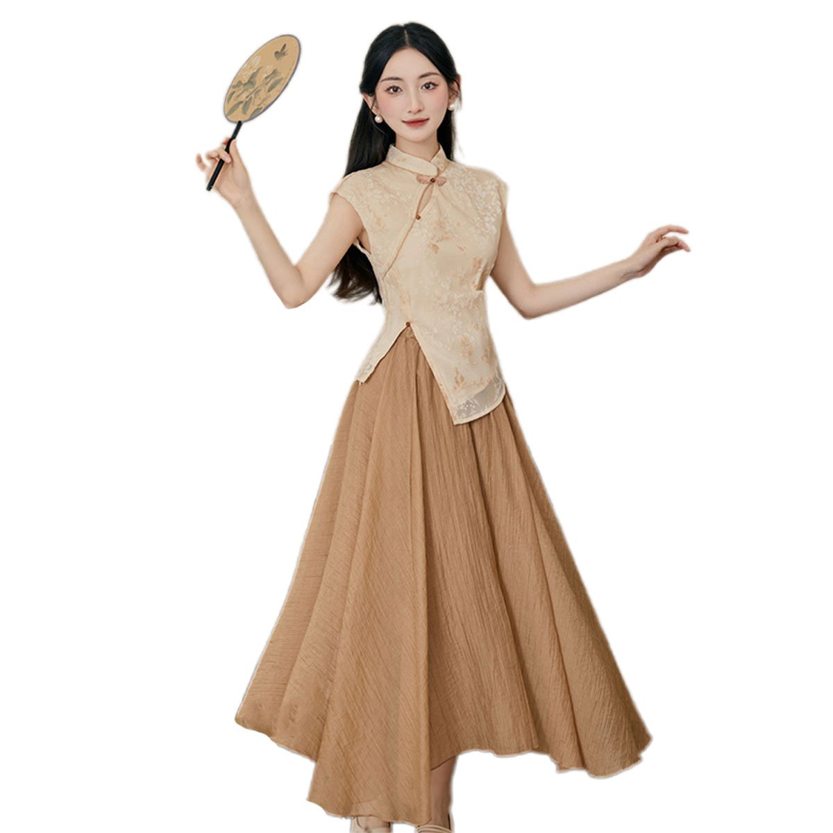 New Chinese Sleeveless Top with Half-body Skirt Set