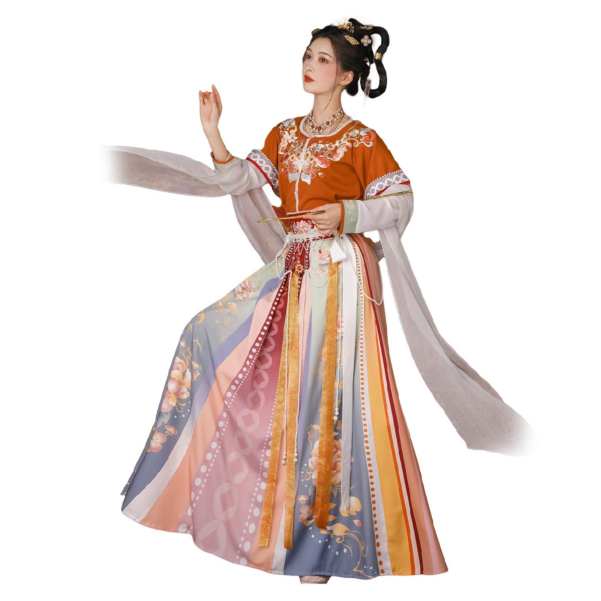 Orange Multicolor Tang Dynesty Hanfu Set - Traditional Embroidered Gown