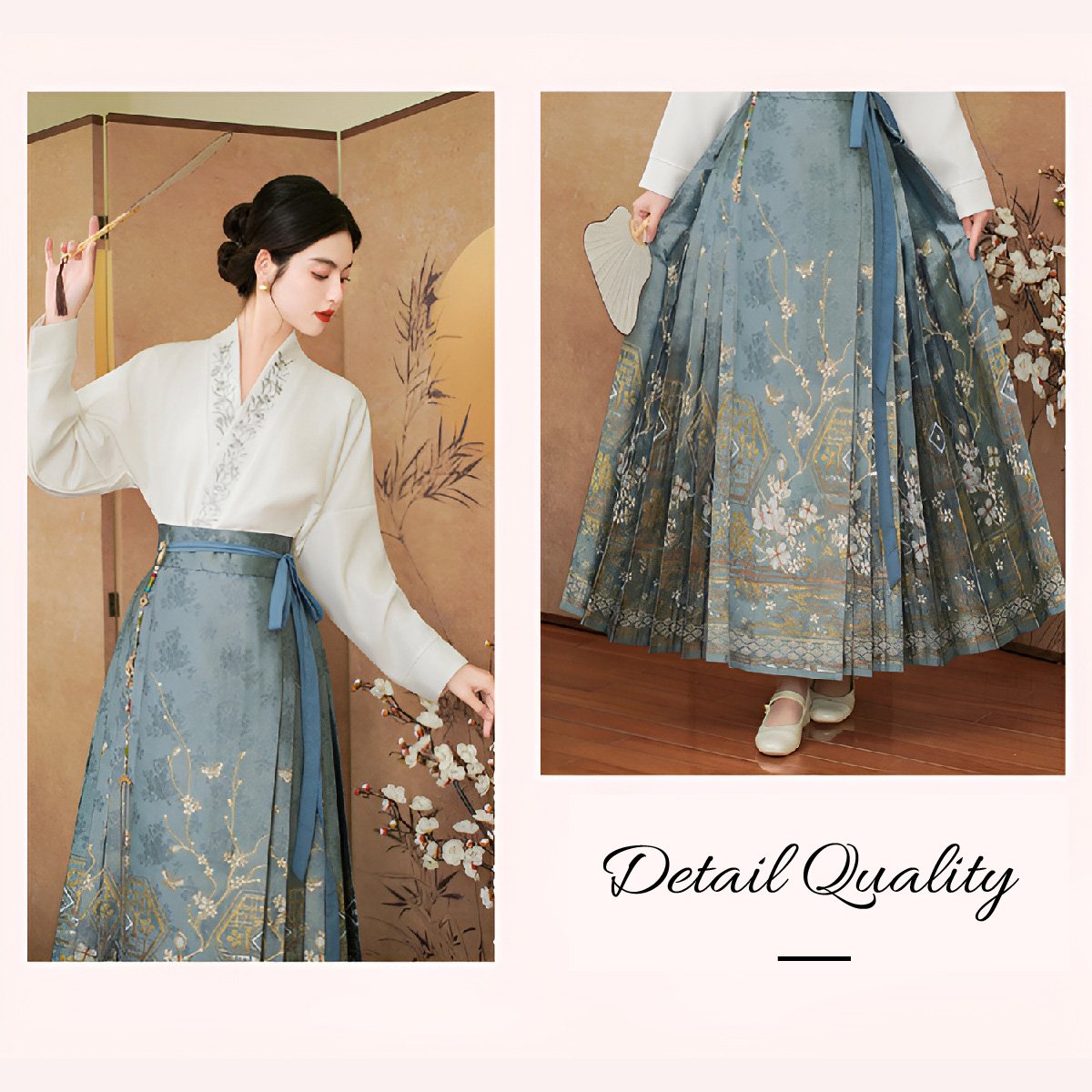 Blue Chinese Style Hanfu with Embroidered Mamianqun Skirt