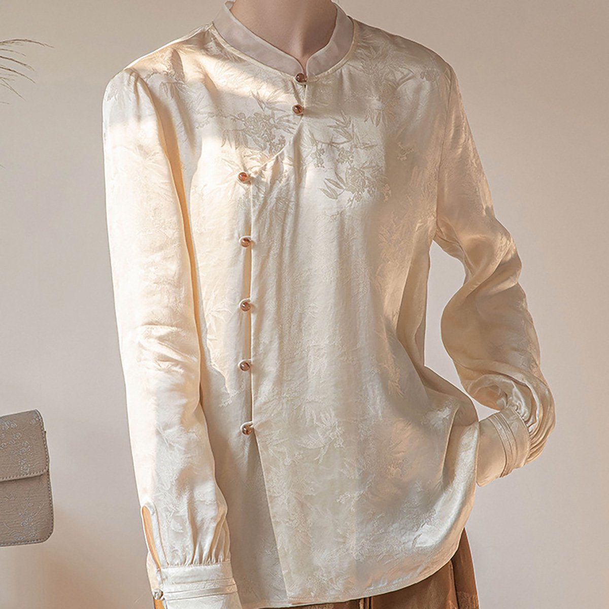 Beige Bamboo Printing Long-Sleeved Shirt
