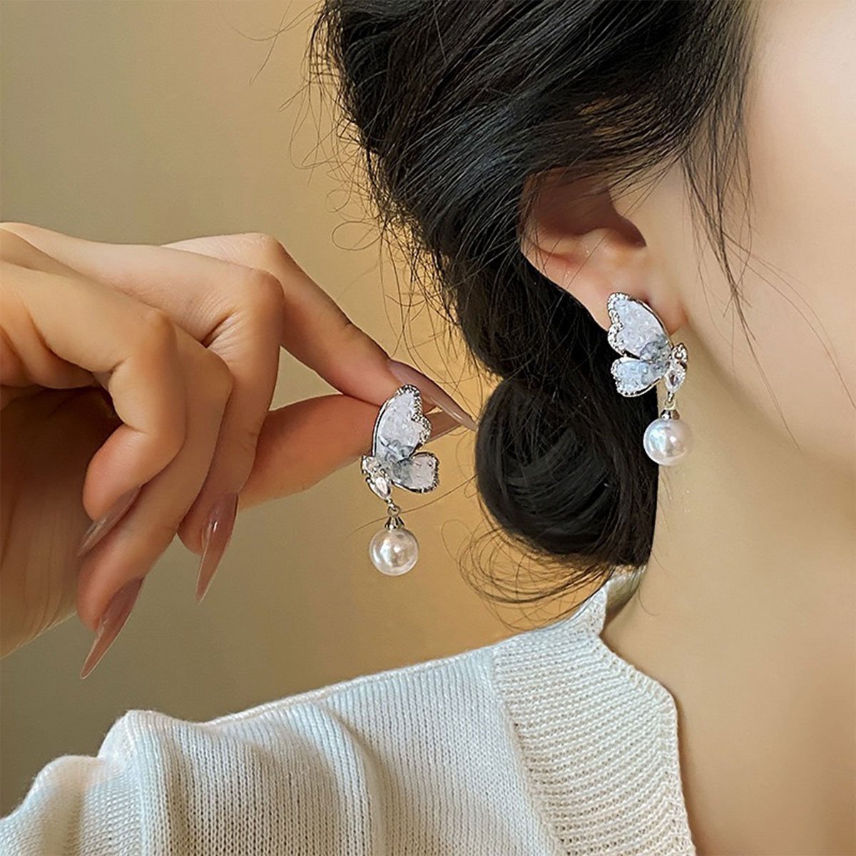 蓝蝴蝶珍珠耳环女士珠宝优雅时尚配饰