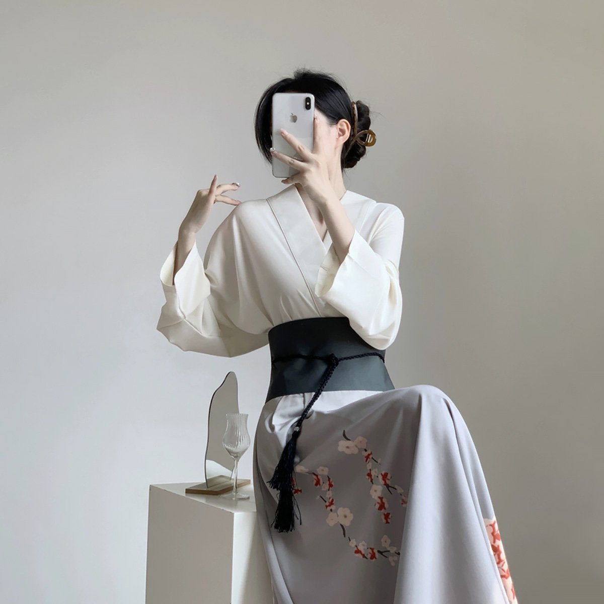 Women's White and Grey Chinese Style Dress Two-Piece Set