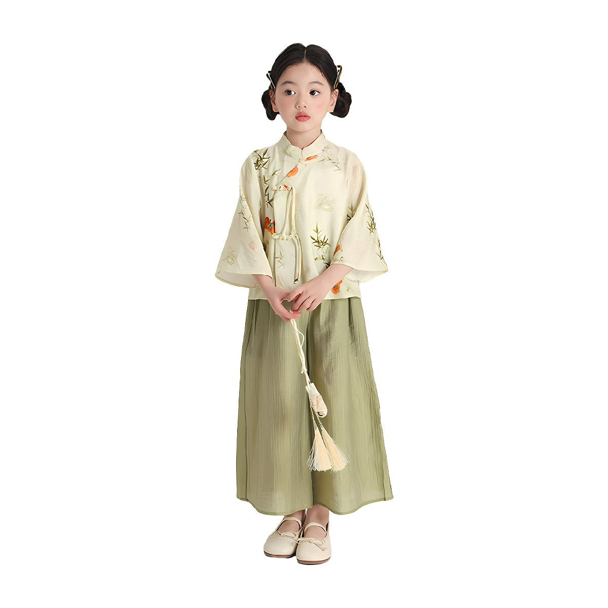 Girl's Bamboo Printing Green Two Pieces Set