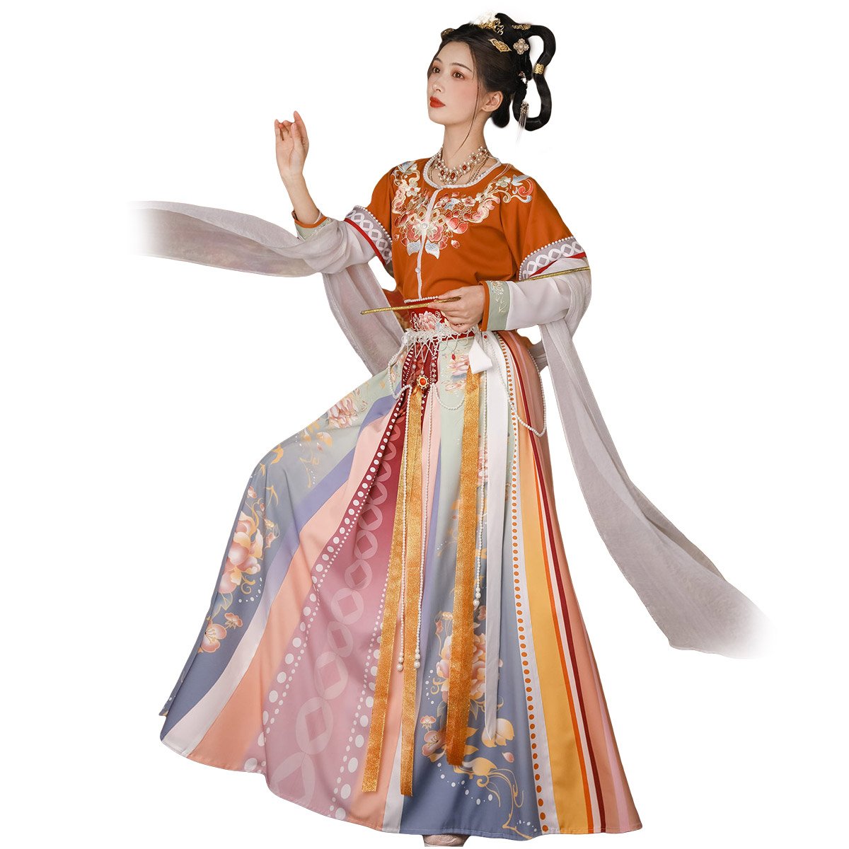 Orange Multicolor Tang Dynesty Hanfu Set - Traditional Embroidered Gown