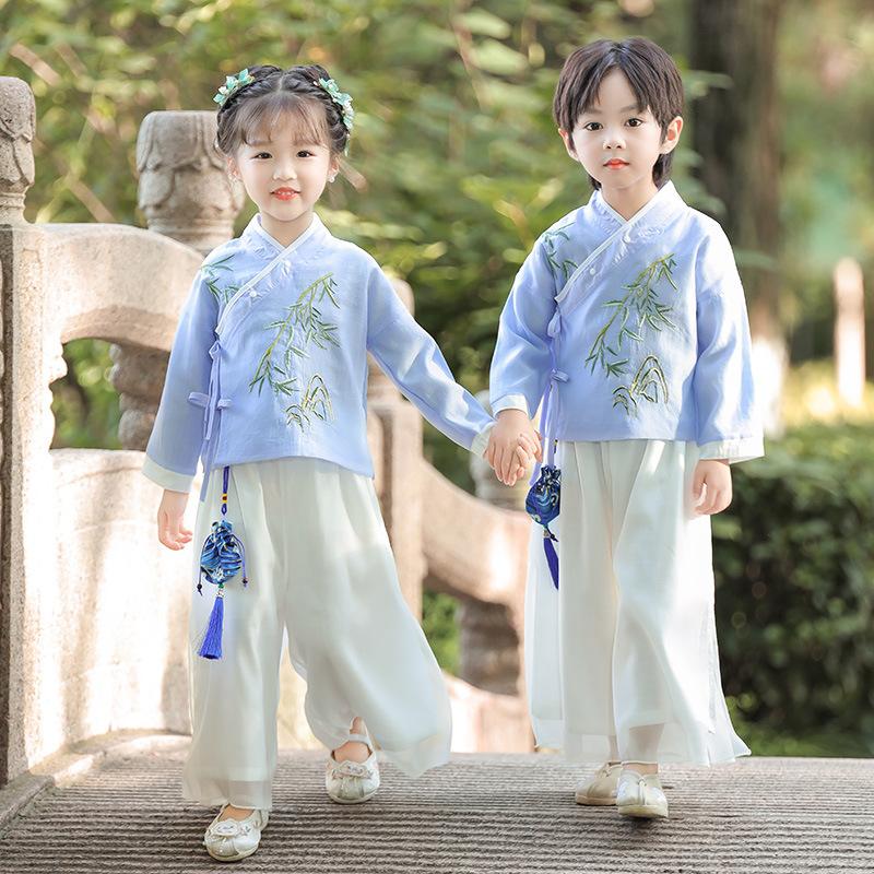 Girls' Bamboo Embroidered Blue & White Hanfu