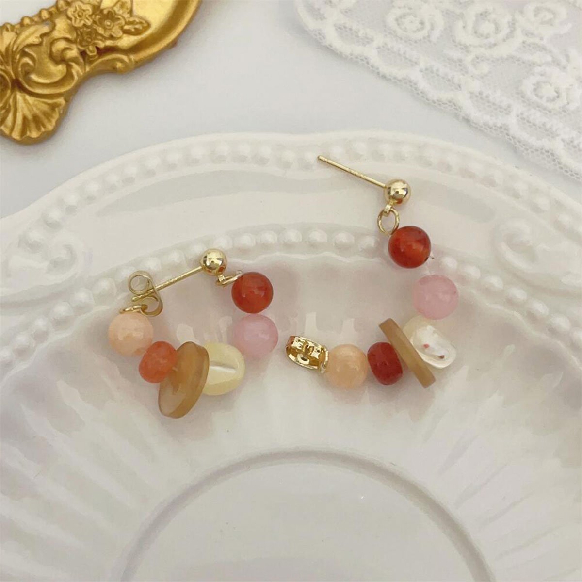 复古彩色天然石串珠耳环 波西米亚风 女士时尚珠宝