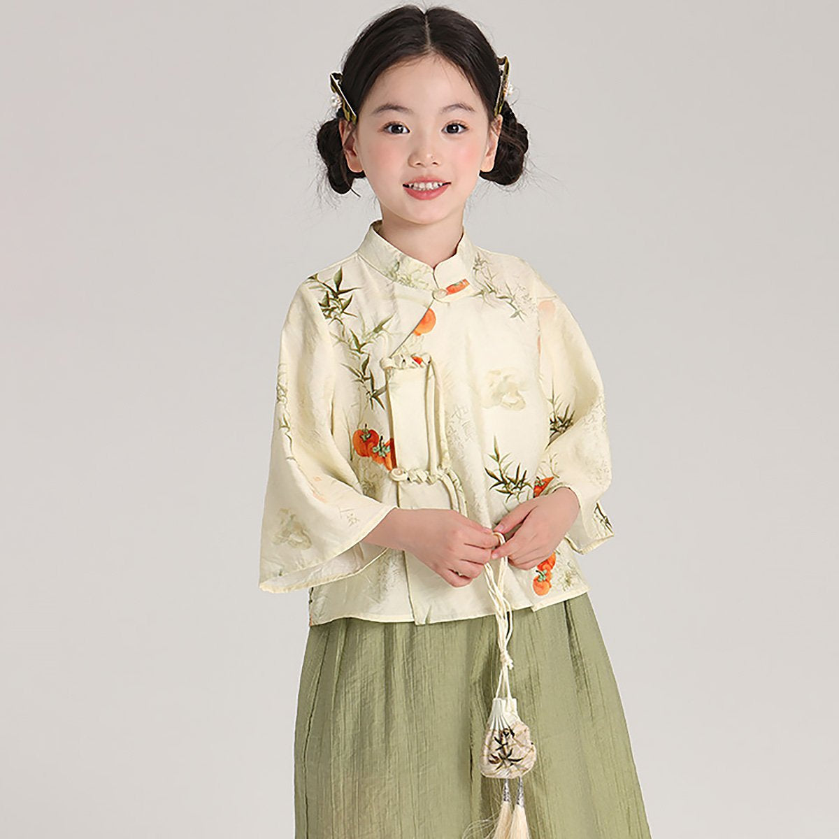 Girl's Bamboo Printing Green Two Pieces Set