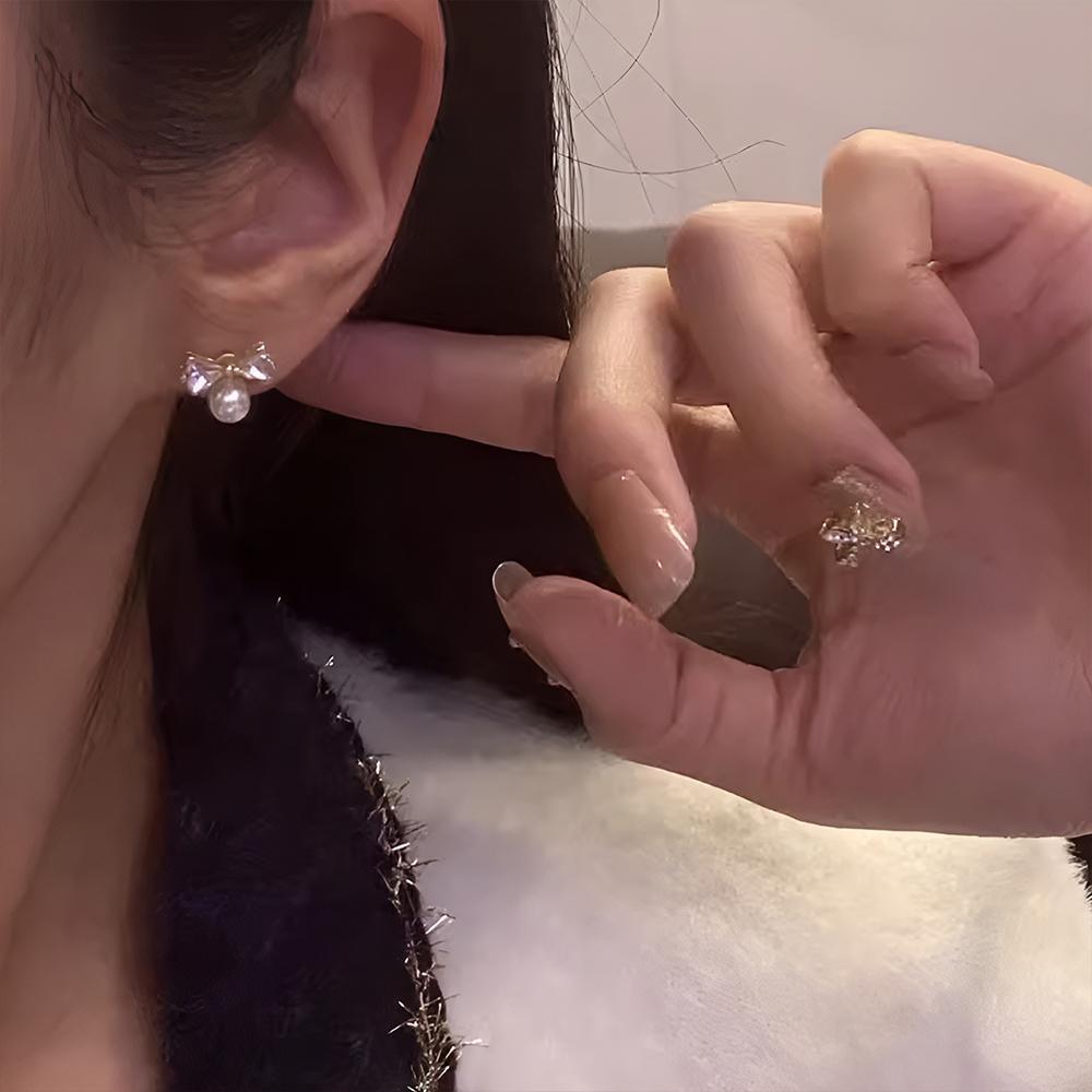 白色锆石水晶珍珠蝴蝶结耳钉,优雅女士最佳礼物