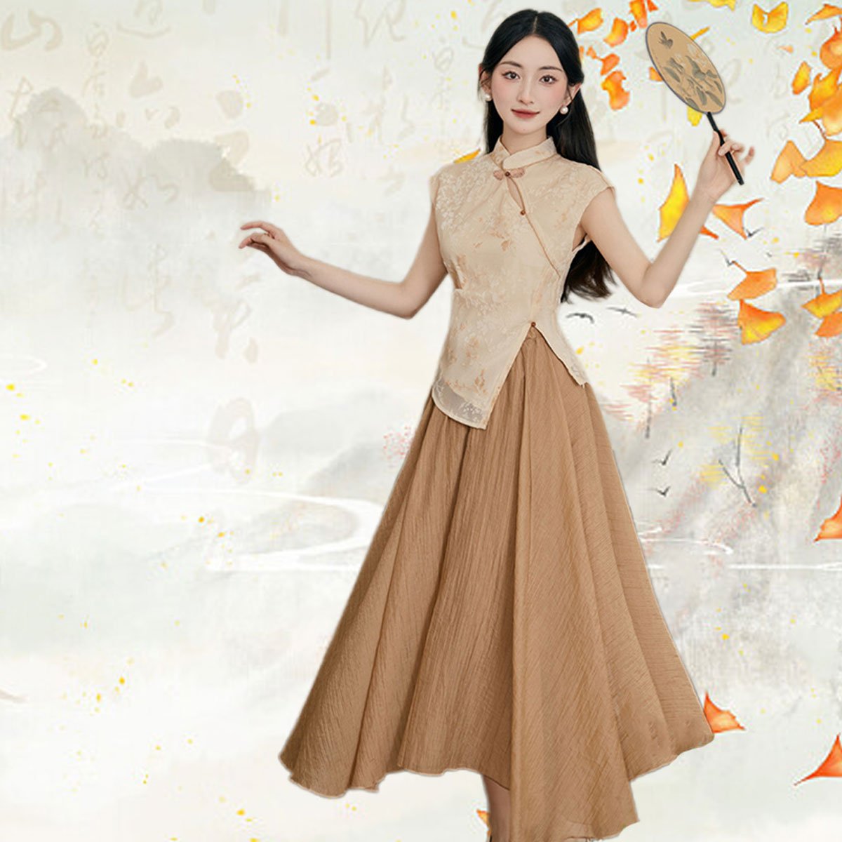 New Chinese Sleeveless Top with Half-body Skirt Set