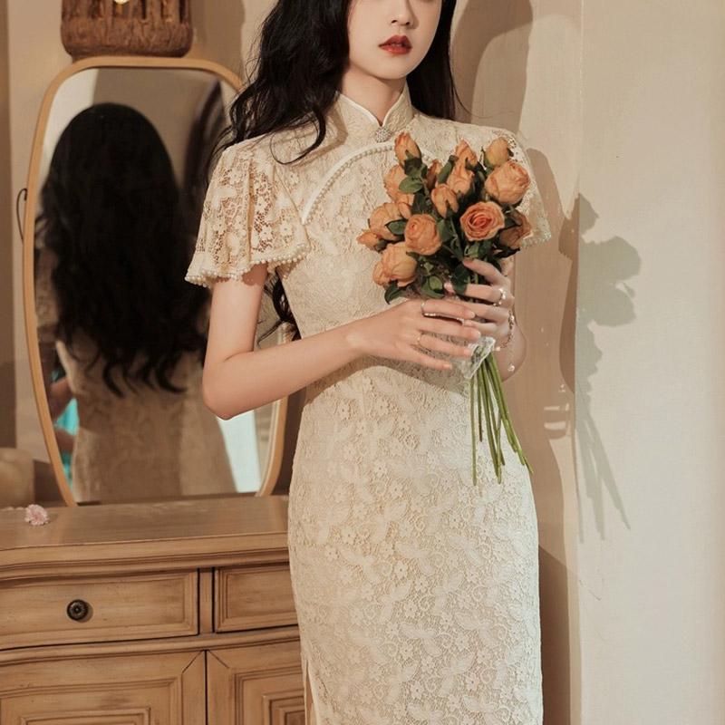Lady's Triditional Chinese Elgant Lace Wedding Cheongsam Dress