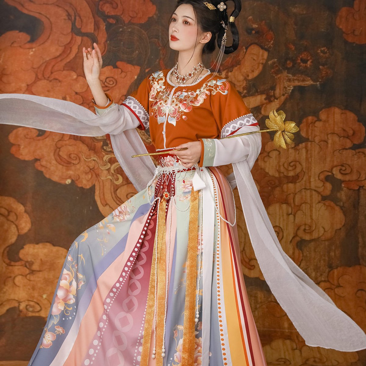 Orange Multicolor Tang Dynesty Hanfu Set - Traditional Embroidered Gown