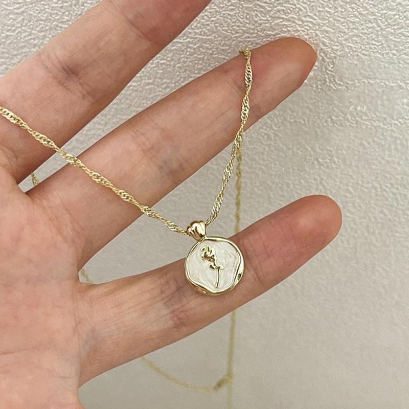 镀白金圆形玫瑰天然贝壳吊坠项链珠光礼物