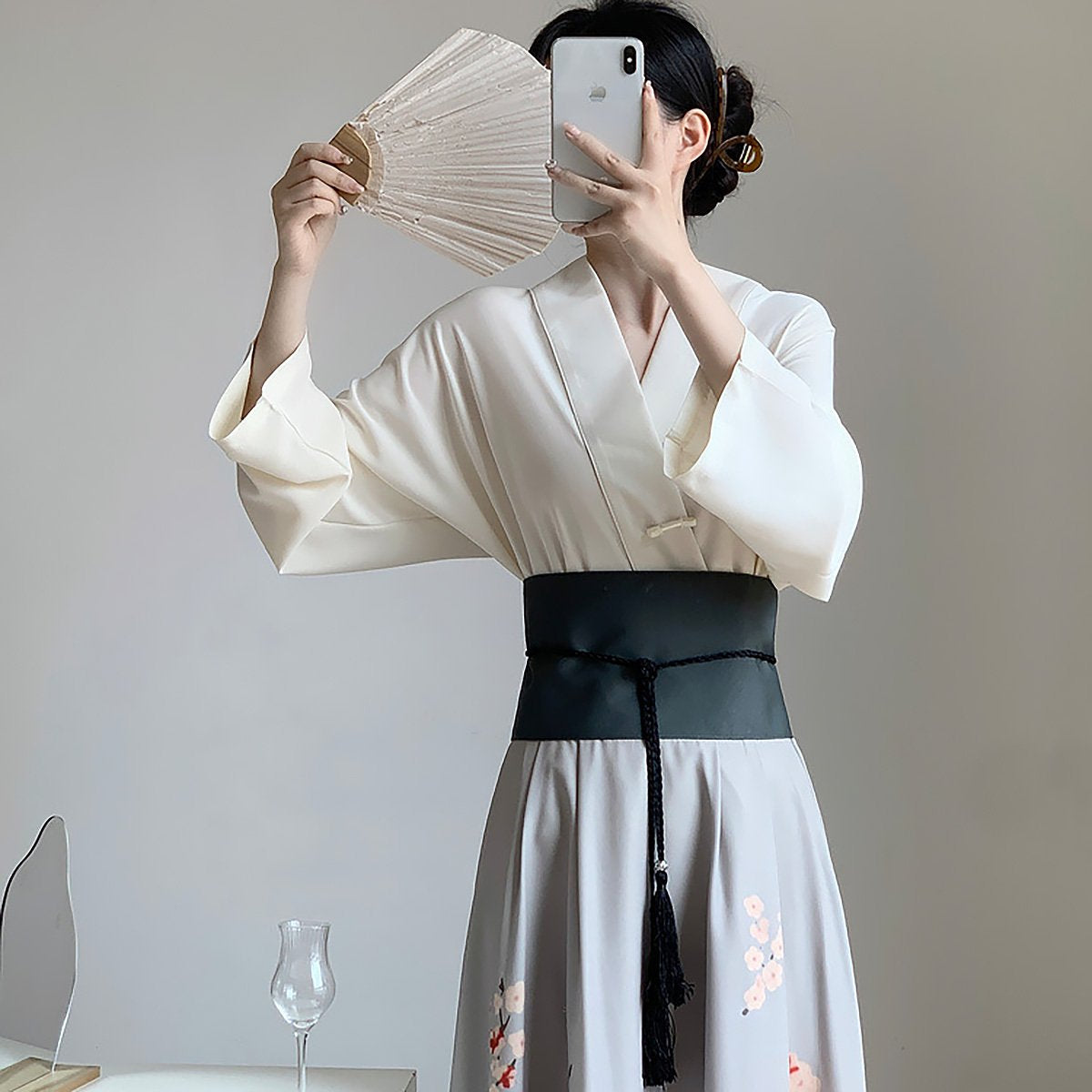 Women's White and Grey Chinese Style Dress Two-Piece Set