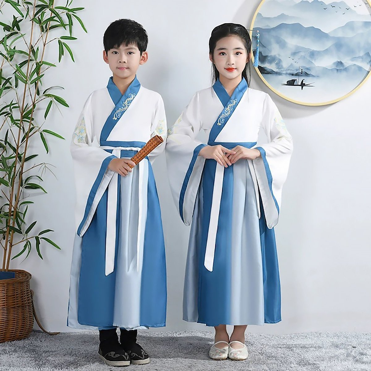 Kids Hanfu Chinese Costumes Blue Long Robe