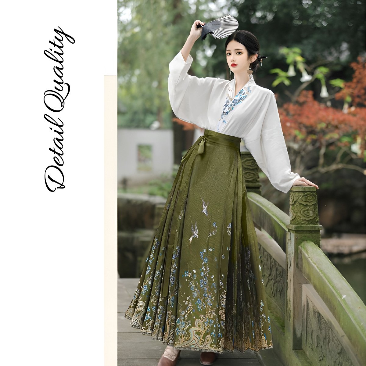 Fresh Bean Green Chinese Style Horse Face Skirt Set