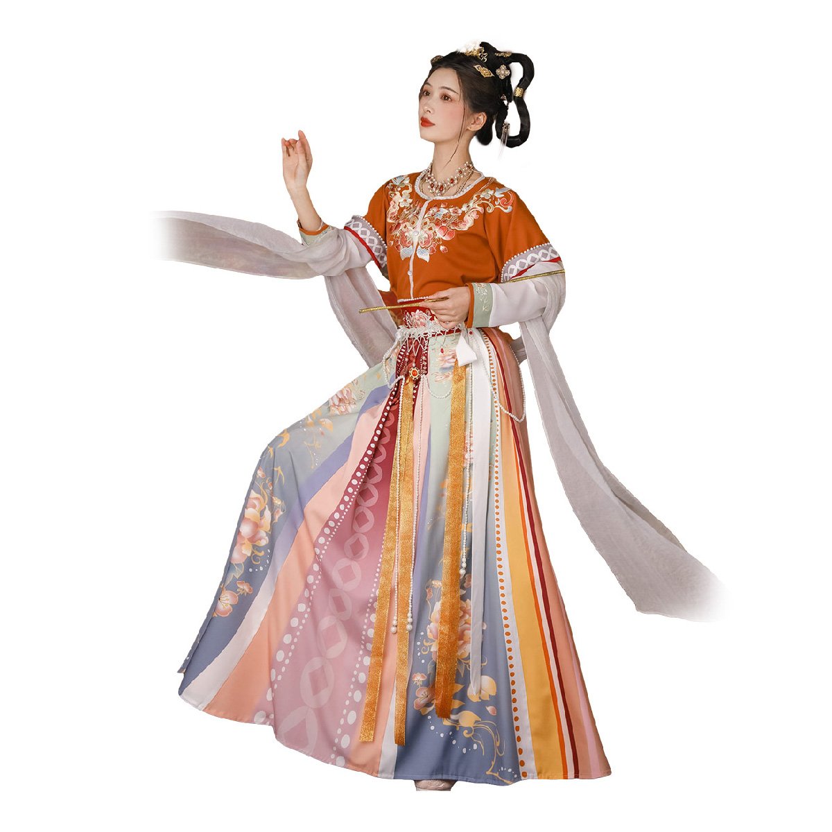 Orange Multicolor Tang Dynesty Hanfu Set - Traditional Embroidered Gown