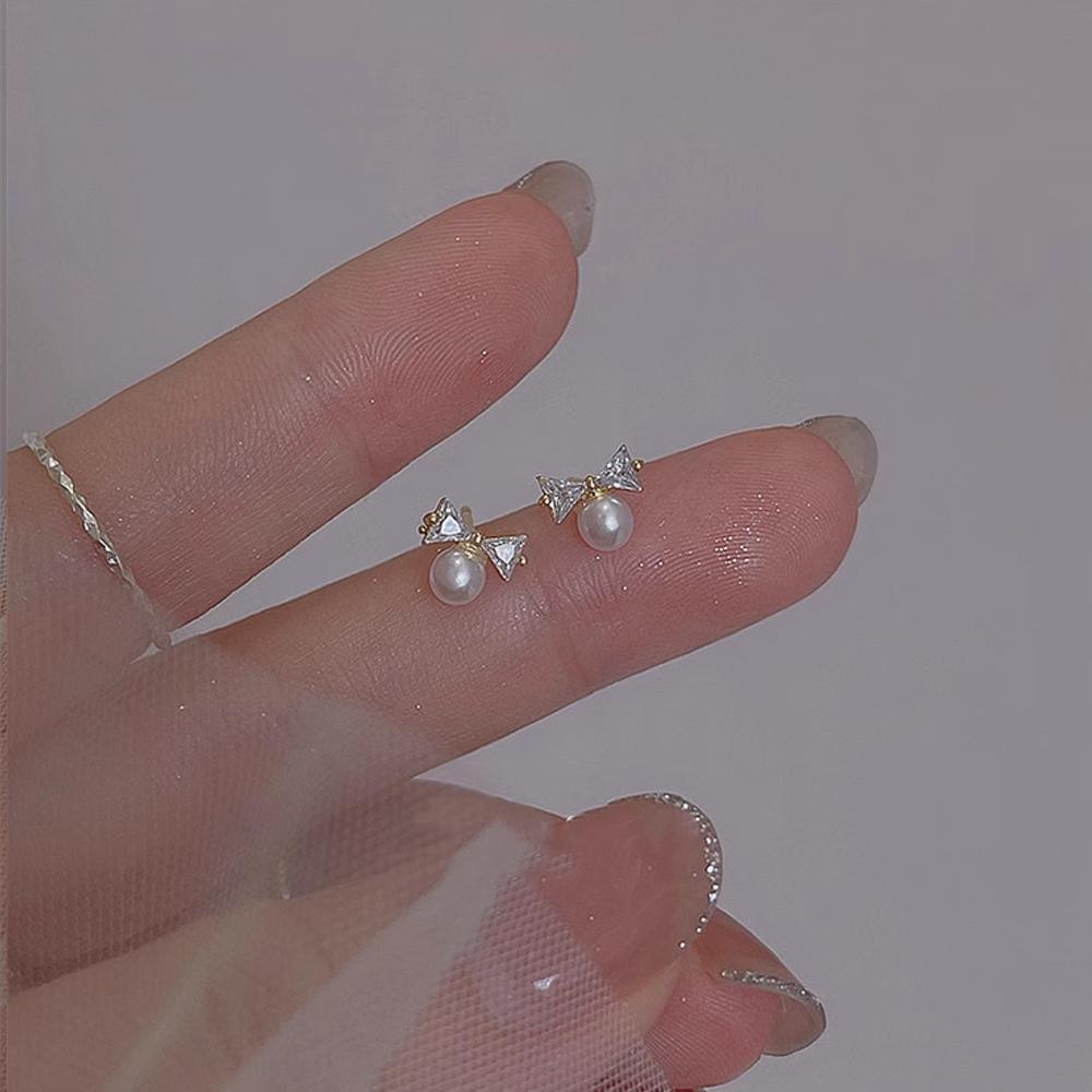 白色锆石水晶珍珠蝴蝶结耳钉,优雅女士最佳礼物