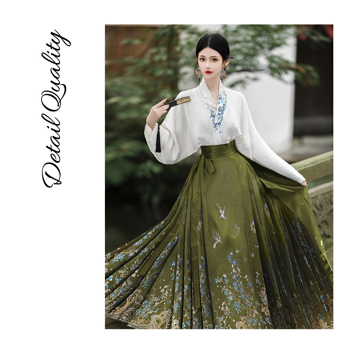 Fresh Bean Green Chinese Style Horse Face Skirt Set