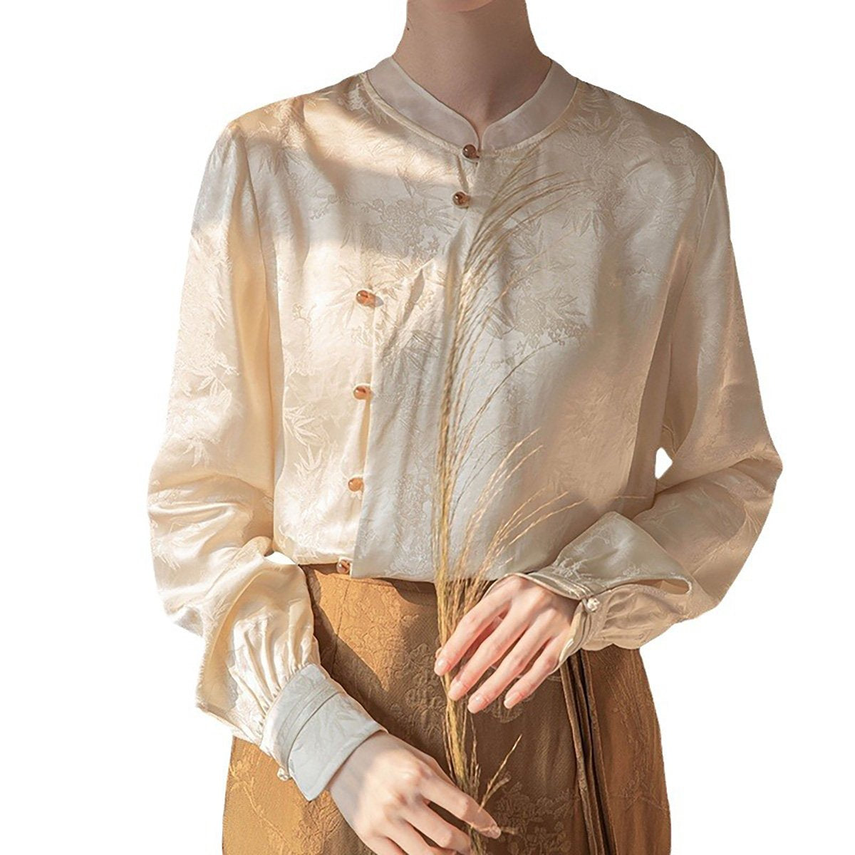 Beige Bamboo Printing Long-Sleeved Shirt