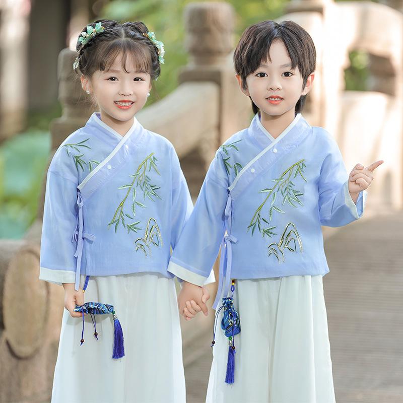 Girls' Bamboo Embroidered Blue & White Hanfu