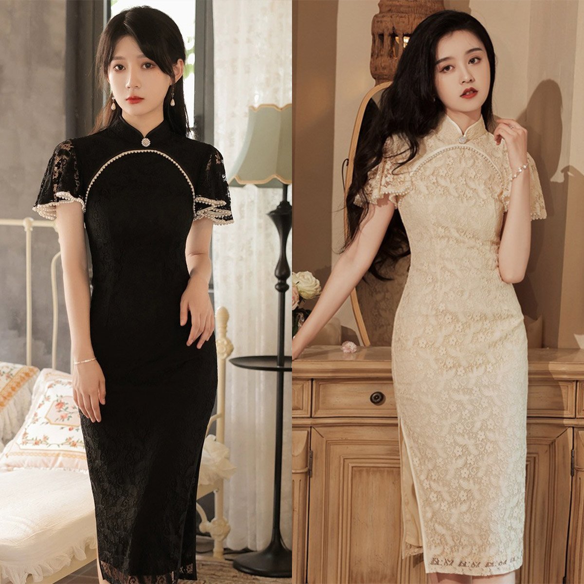 Lady's Triditional Chinese Elgant Lace Wedding Cheongsam Dress