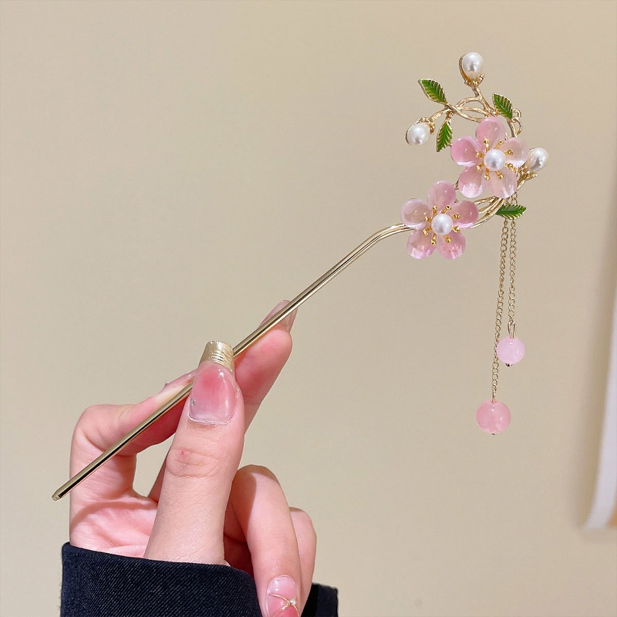 中式粉色双花流苏发簪汉服女头饰