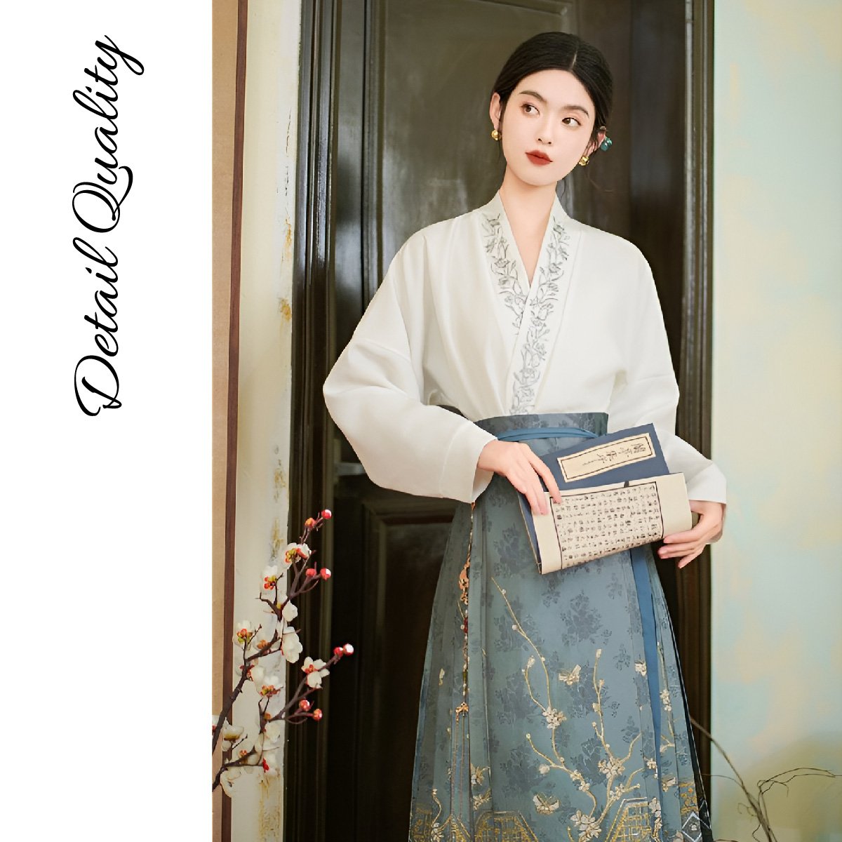 Blue Chinese Style Hanfu with Embroidered Mamianqun Skirt