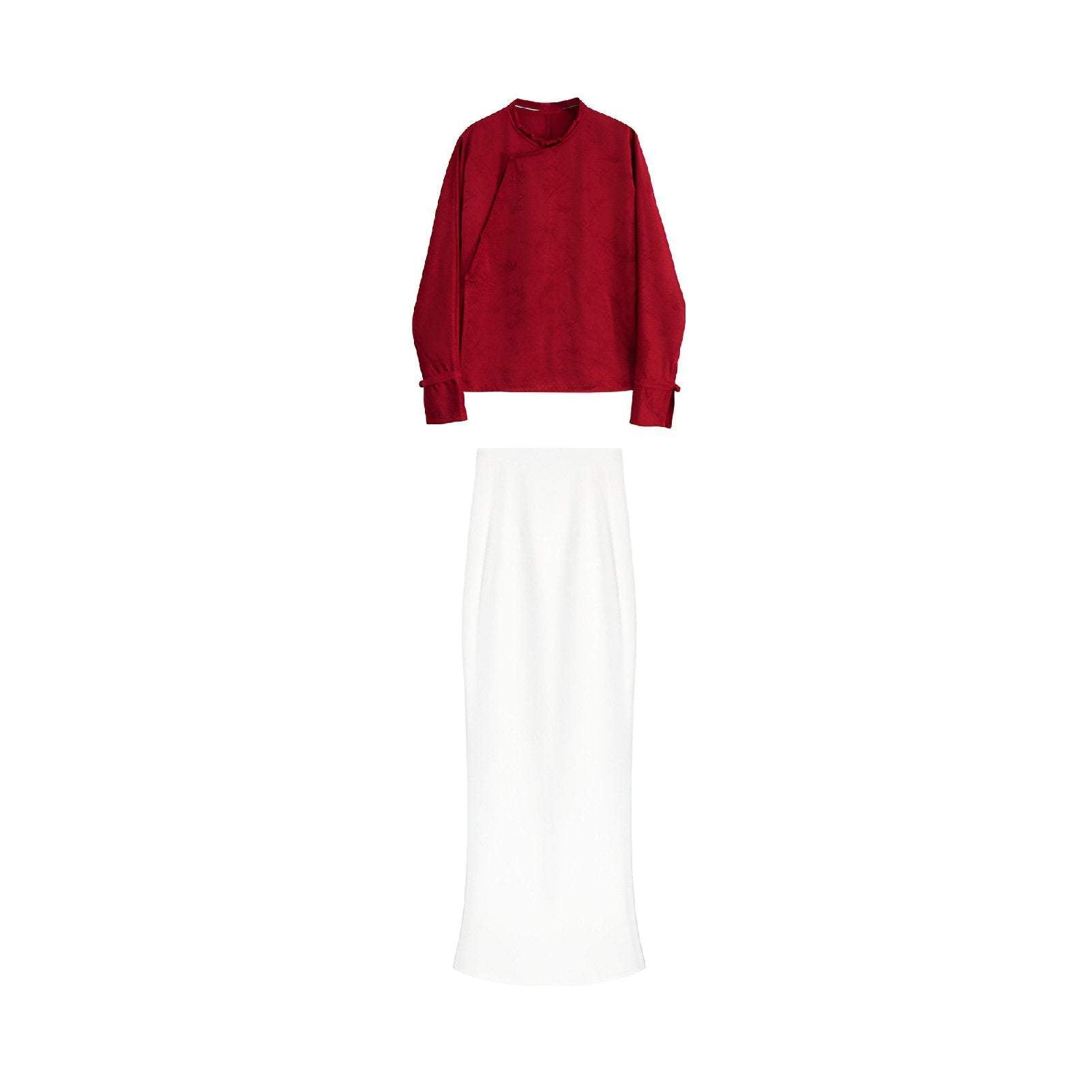 Red Blouse and White Skirt Modern Chinese Fashion Set for Wedding