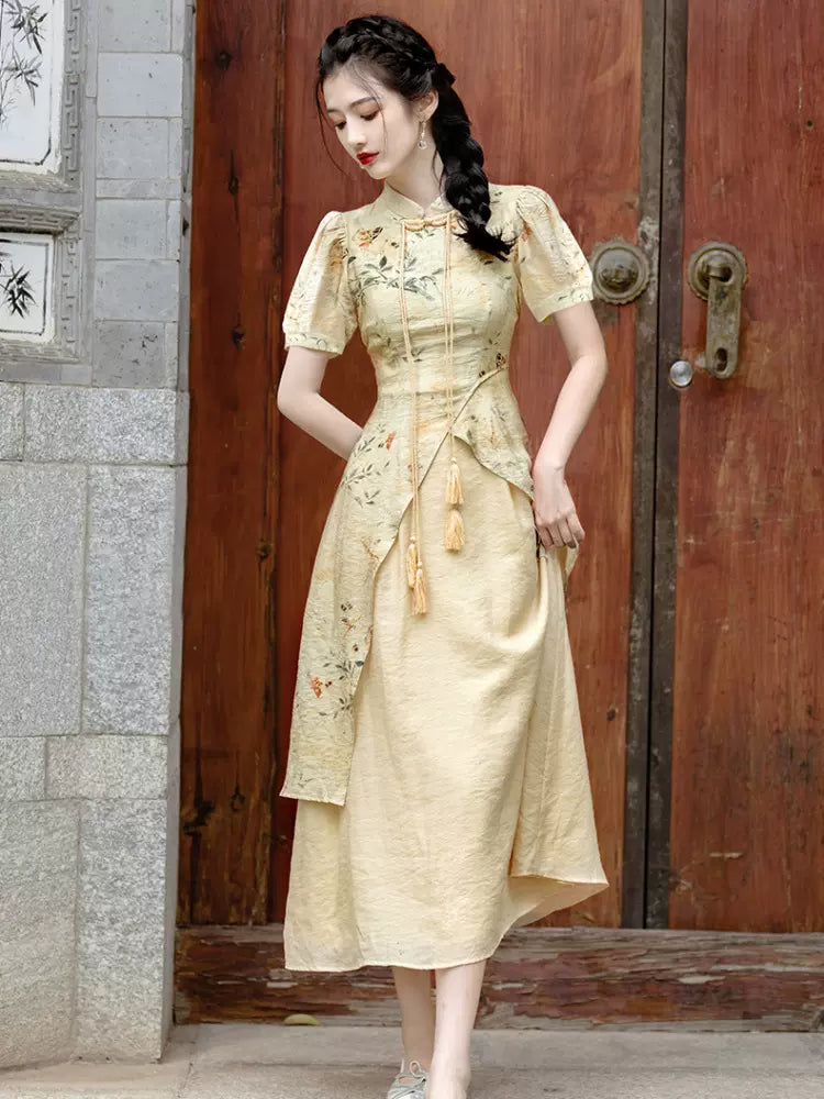 Beige One Piece Dress-Modern Cheongsam