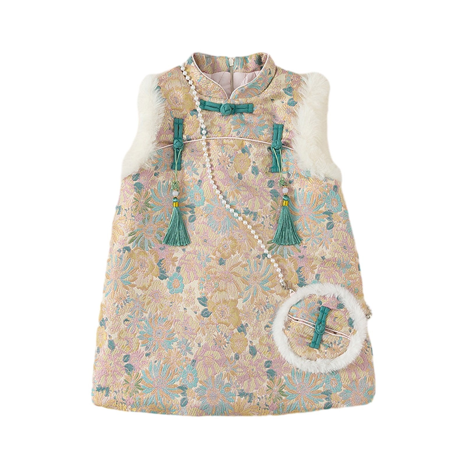 Girls' Embroidered Floral Cheongsam & Wallet Set