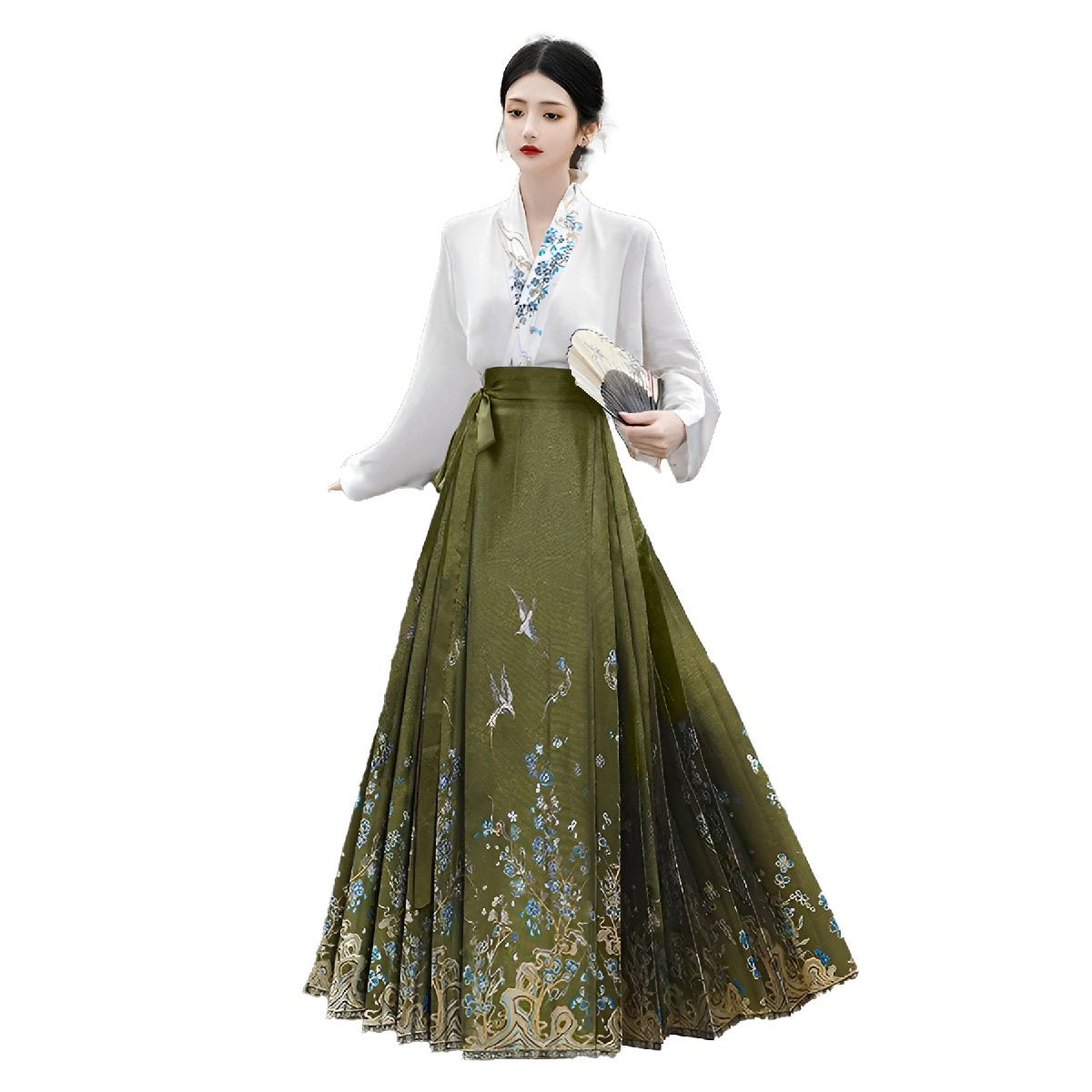 Fresh Bean Green Chinese Style Horse Face Skirt Set