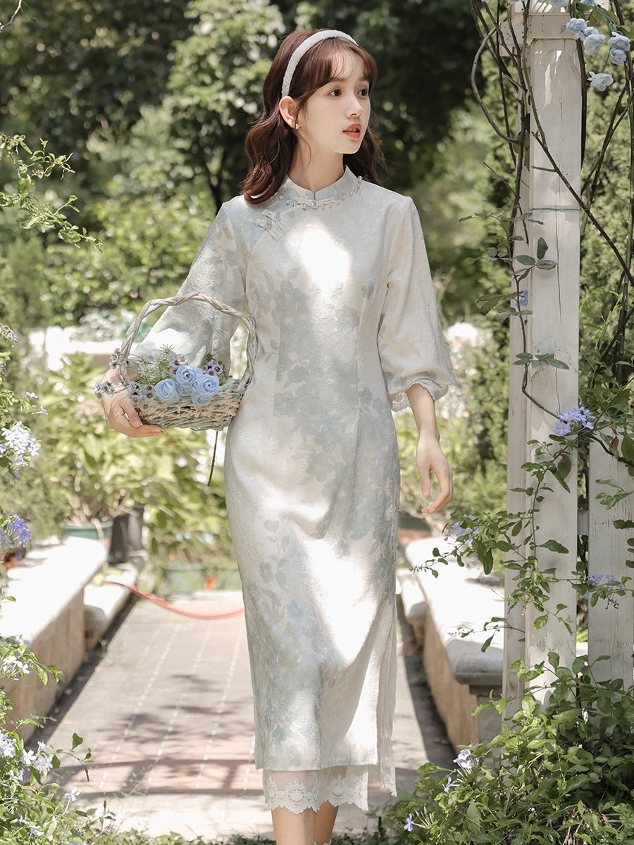 Chinese Blue Floral Summer and Spring Cheongsam Dress