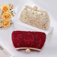 Luxury Red Embroidered Evening Handbag with Pearl Clasp and Detachable Chain