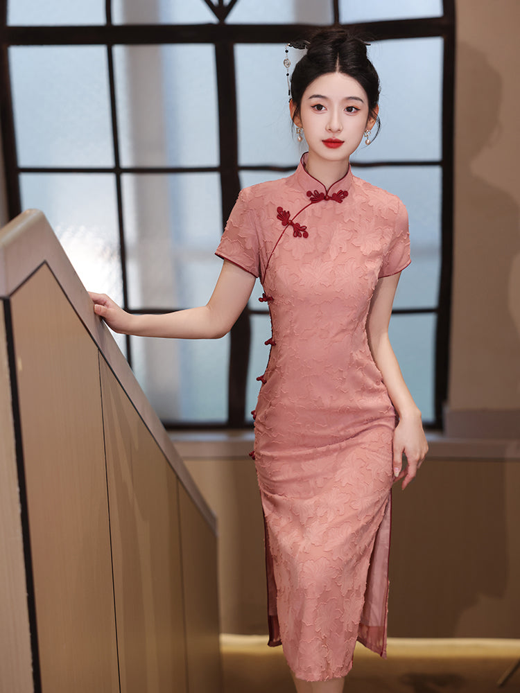 优雅粉色碎花旗袍裙
